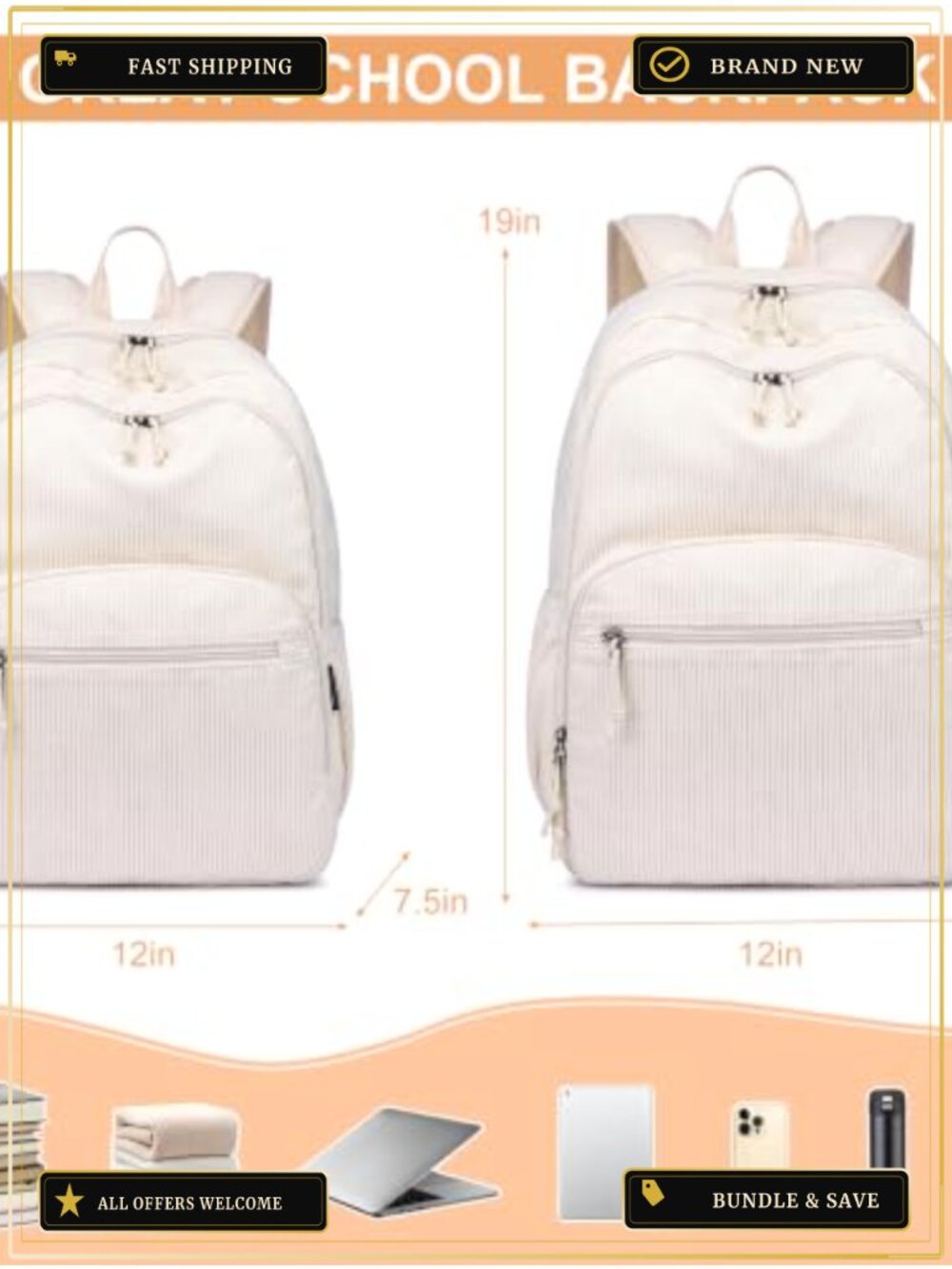 Corduroy Backpack for School, 15.6 Inch Laptop Daypack, Lightweight Travel - Picture 5 of 6